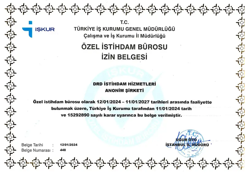 Özel İstihdam Bürosu İzin Belgesi — DRD İstihdam Hizmetleri A.Ş.